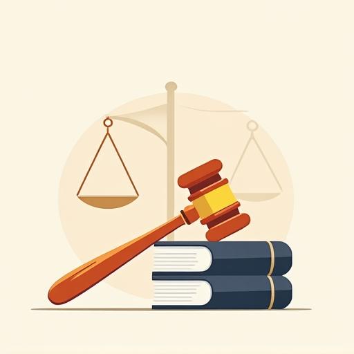 법률서적과 망치, 공정하고 깨끗한 이용약관을 상징하는 심플한 일러스트레이션